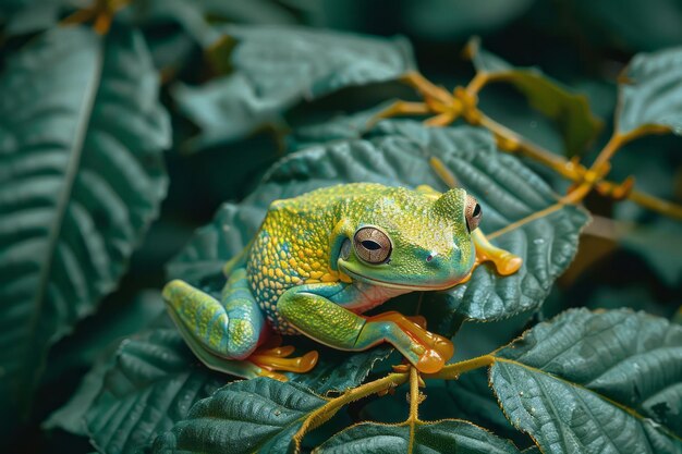 Una rana de árbol aferrada a una hoja vibrante su piel un verde brillante que se camufla perfectamente con su entorno