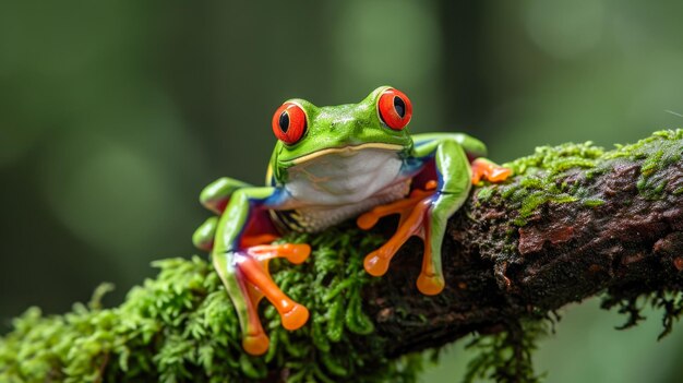 Foto rana de árbol de ojos rojos posada en una rama en una selva tropical