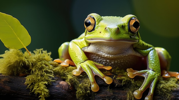 Rana arbórea sobre una hoja verde con un fondo de árboles a su alrededor