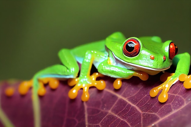 La rana arborícola de ojos rojos se extendió sobre una gran hoja morada