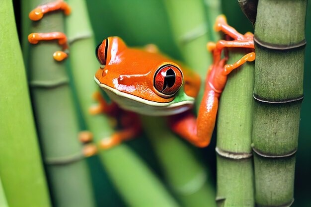 Foto la rana arborícola de ojos rojos naranja verde se escondió entre las ramas