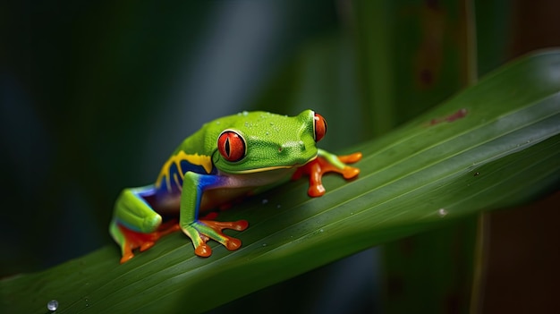 Una rana arborícola de ojos rojos se sienta en una hoja.