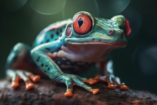 Una rana arborícola de ojos rojos se sienta en una rama con un fondo verde.