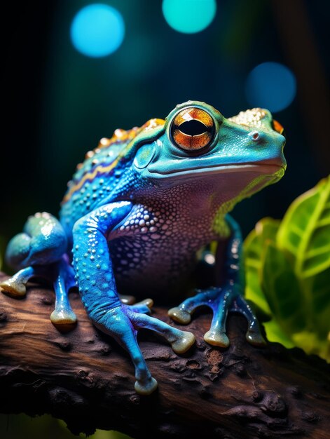 Una rana azul brillante se sienta con gracia en una rama de un árbol en medio de un follaje verde exuberante