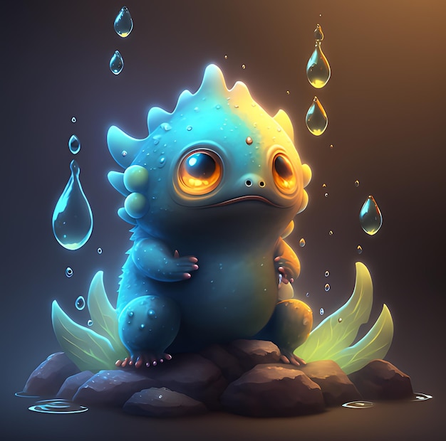 Una rana azul con ojos amarillos se sienta en una roca con una gota de lluvia.