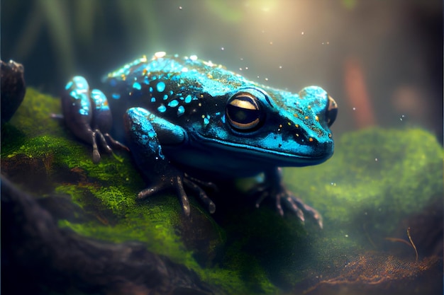 Foto una rana azul se sienta en un tronco de musgo.