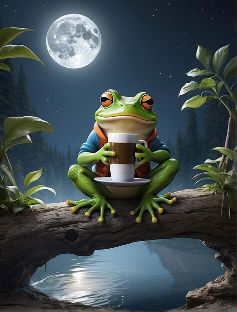 Foto rana bebiendo café por la noche sentada en una piedra en una noche de luna