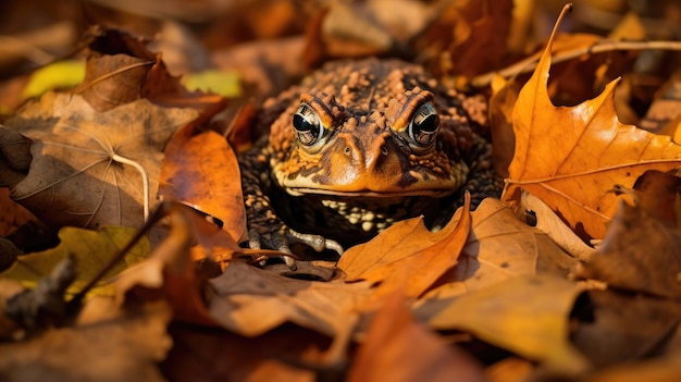 Una rana camuflada entre las hojas de otoño caídas en un claro del bosque