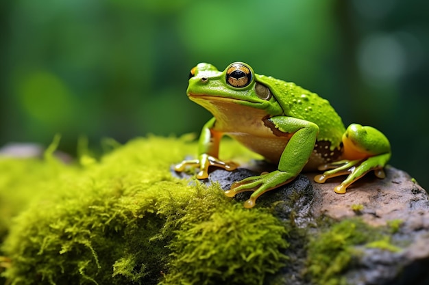 Una rana de color verde se sienta en una naturaleza hermosa