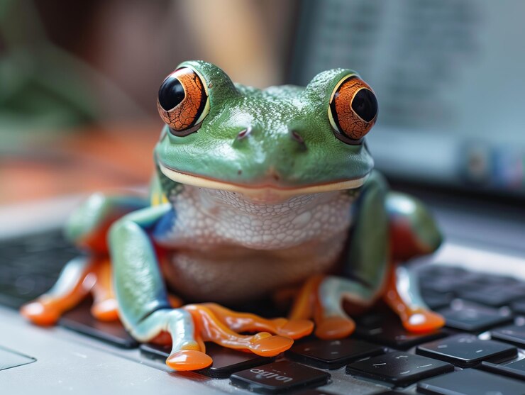 Foto rana colorida descansando en un teclado de portátil en un ambiente interior acogedor ia generativa