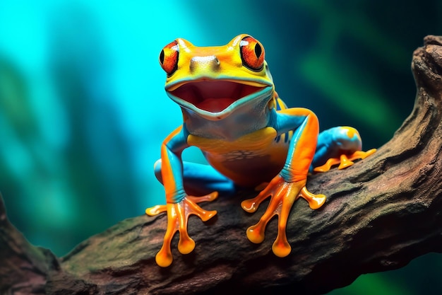 Rana colorida con ojos naranjas parada sobre una piedra con musgo con fondo bokeh borroso