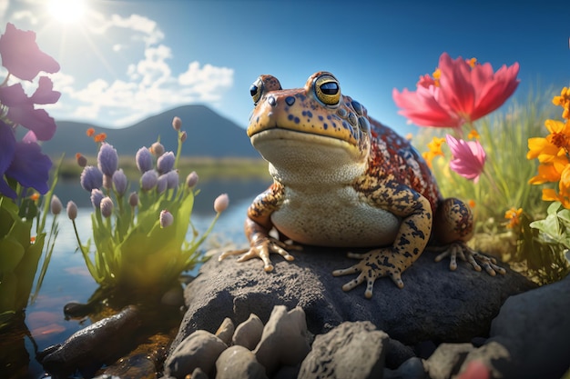 Rana colorida de pie sobre una roca rodeada de flores y fondo del río Ai generativo