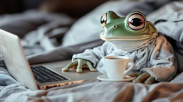 una rana con una computadora portátil y una taza de café en la mesa