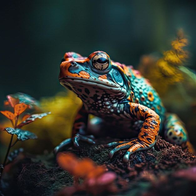 Una rana con un cuerpo azul y naranja se sienta sobre una roca en un bosque.
