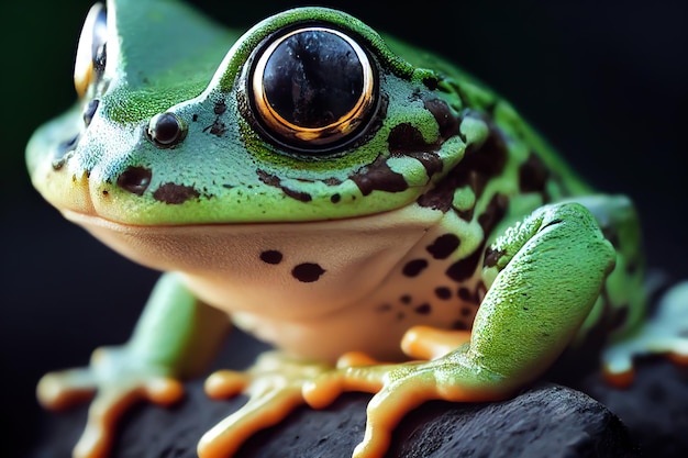 Una rana con un cuerpo verde y amarillo y manchas negras se sienta sobre una roca.