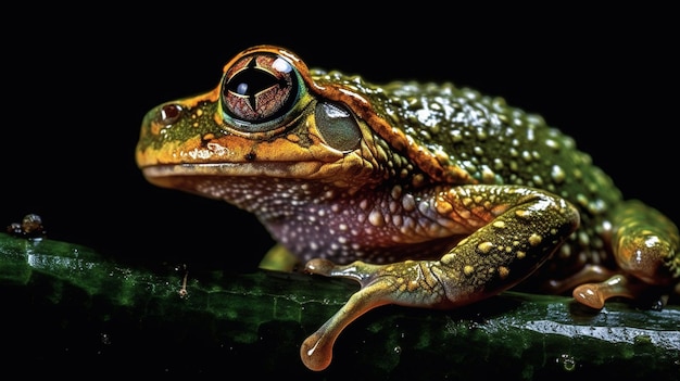 Foto una rana con un cuerpo verde y amarillo se sienta en una hoja.