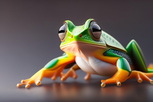 Foto una rana con un cuerpo verde y naranja se sienta sobre una superficie gris.