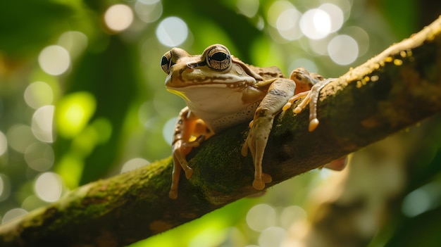 Una rana descansando en una rama de un árbol en la densa jungla