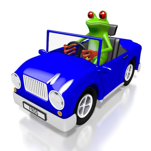 Foto rana de dibujos animados conduciendo un coche