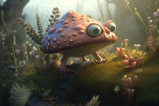 Una rana de dibujos animados con dos ojos y un cuerpo rosado se sienta en una roca en un bosque.