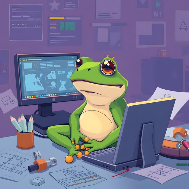 Una rana de dibujos animados verde trabajando en una computadora en un ambiente de oficina colorido
