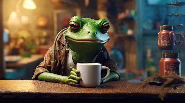 Una rana disfrutando de una taza de café en una acogedora cafetería Hyper Real HD 4k