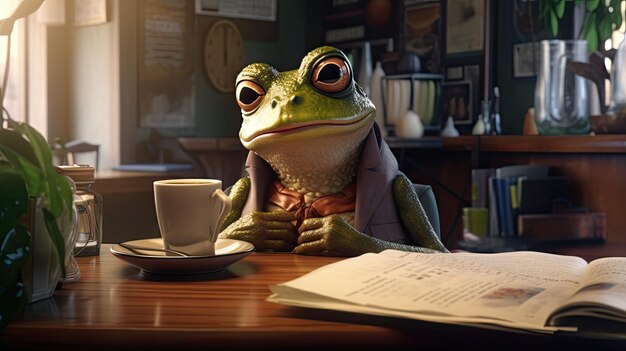 Una rana disfrutando de una taza de café en una acogedora cafetería Hyper Real HD 4k