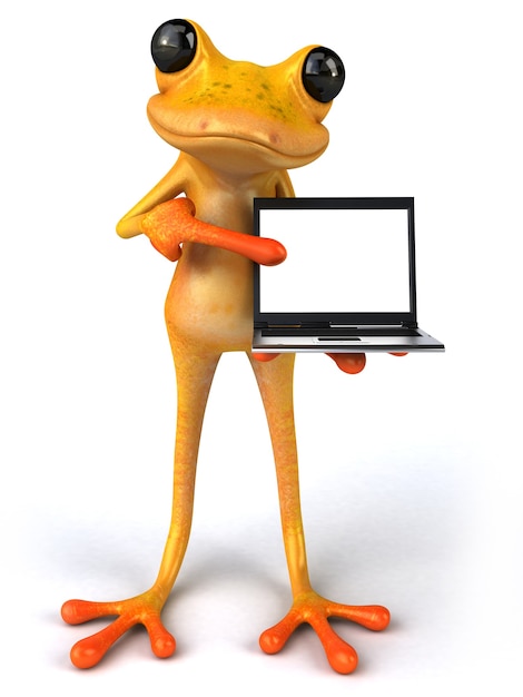 Rana divertida sosteniendo una computadora portátil de pantalla vacía