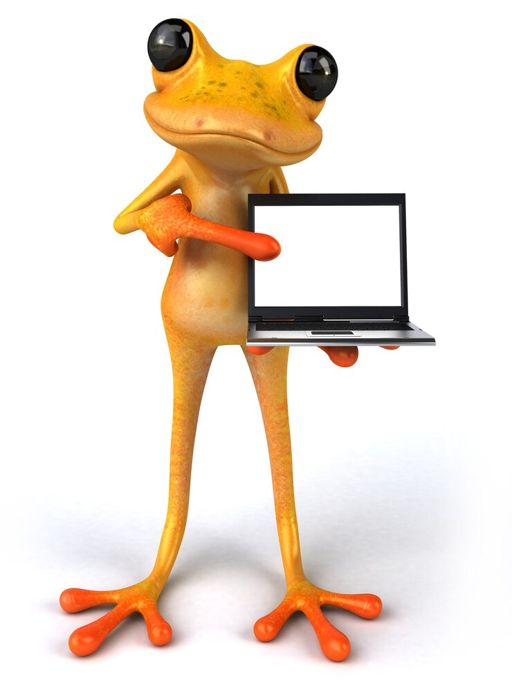 Foto rana divertida sosteniendo una computadora portátil de pantalla vacía