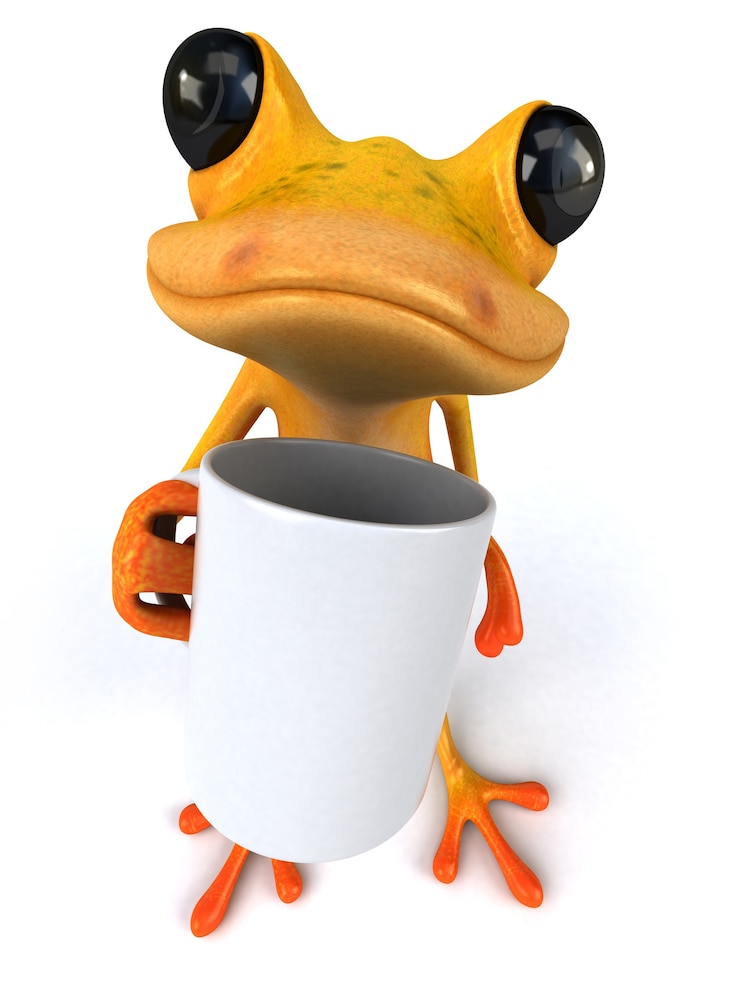 Foto rana divertida sosteniendo una taza blanca