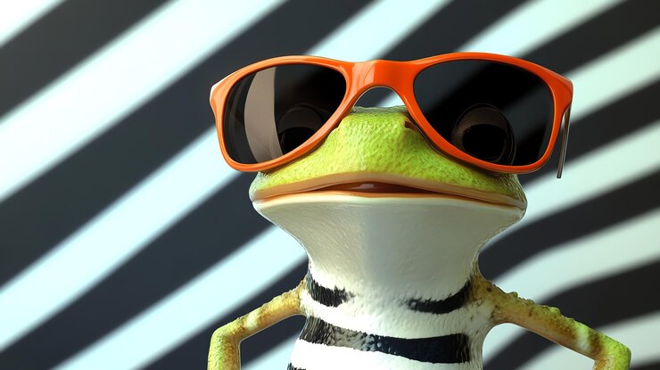 Foto rana fresca con gafas de sol frente a un fondo de impresión de cebra