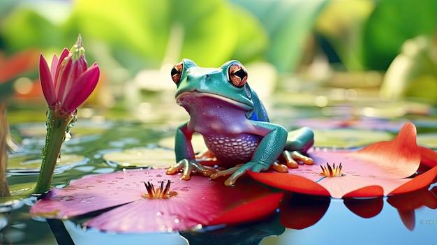 Una rana haciendo una sesión de fotos en lirios de agua Hyper Real HD 4k
