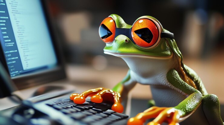 Foto una rana juguetona con gafas escribiendo en un teclado de computadora