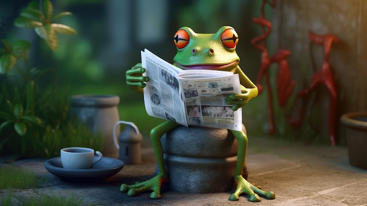 Foto una rana lee un periódico frente a un fondo verde.