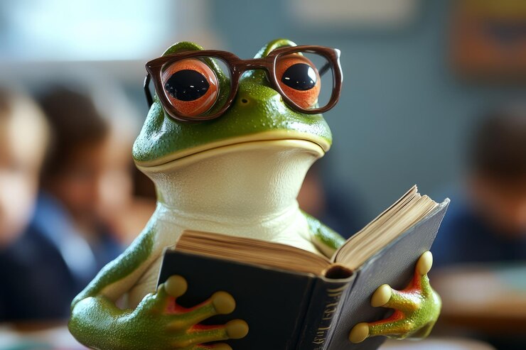 Foto la rana leyendo en el aula