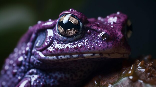 Una rana morada con un ojo negro y un anillo dorado alrededor del ojo.