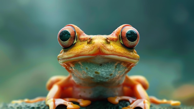 Una rana naranja brillante con grandes ojos abultados mira a la cámara La rana está sentada en una hoja verde en la selva tropical