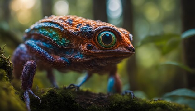 una rana con un ojo verde y un ojo azul