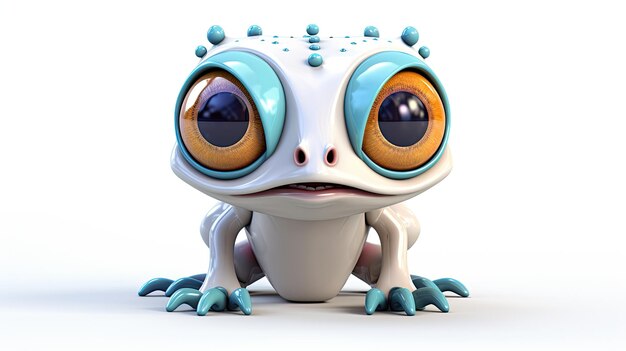 una rana con ojos grandes y ojos azules se sienta en una superficie blanca.
