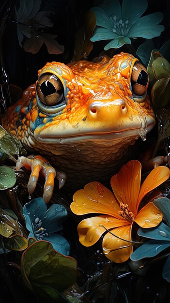 Foto una rana con ojos naranjas y una flor en el fondo