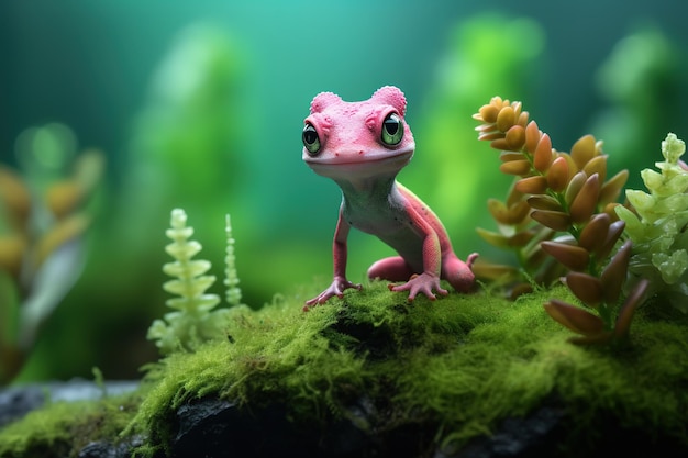 una rana con ojos verdes se sienta en una roca de musgo