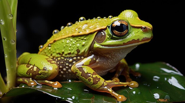 La rana se pega al tallo verde.