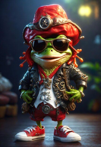 Rana pirata con sombrero de pirata y gafas de sol de alta resolución