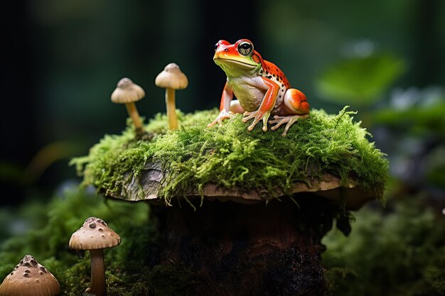 Rana posada en una tapa de hongo en un entorno forestal