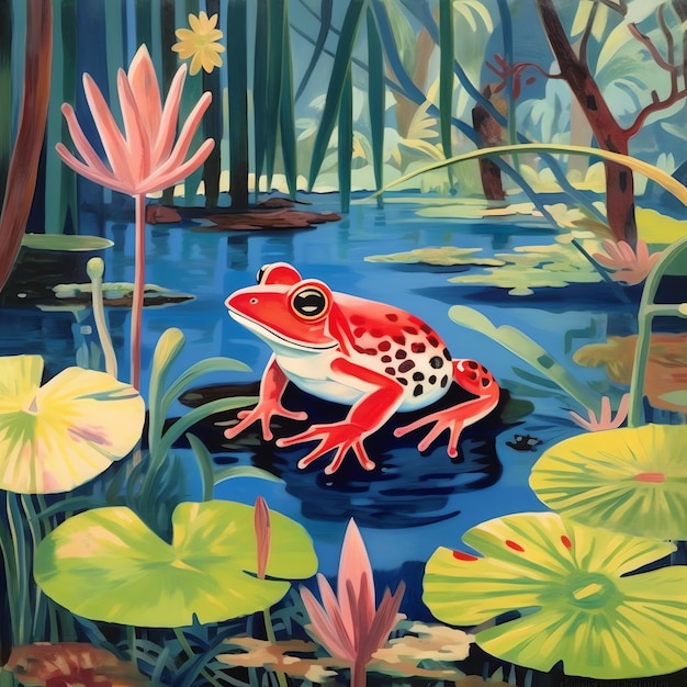 Una rana roja en un estanque con nenúfares