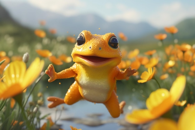 Foto rana saltando a través de un campo de flores silvestres con pétalos girando a su paso