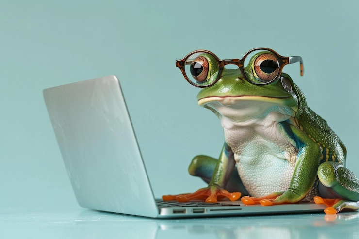 Foto una rana sentada frente a una computadora portátil con gafas con un fondo azul claro las ranas