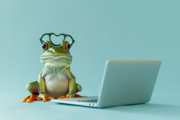 Foto una rana sentada frente a una computadora portátil con gafas con un fondo azul claro las ranas