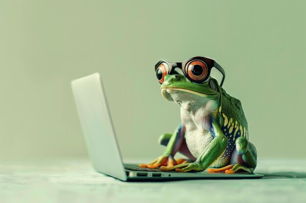 Una rana sentada frente a una computadora portátil con gafas con un fondo verde claro