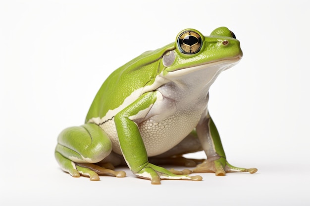 Foto la rana está sentada de perfil y aislada en blanco.